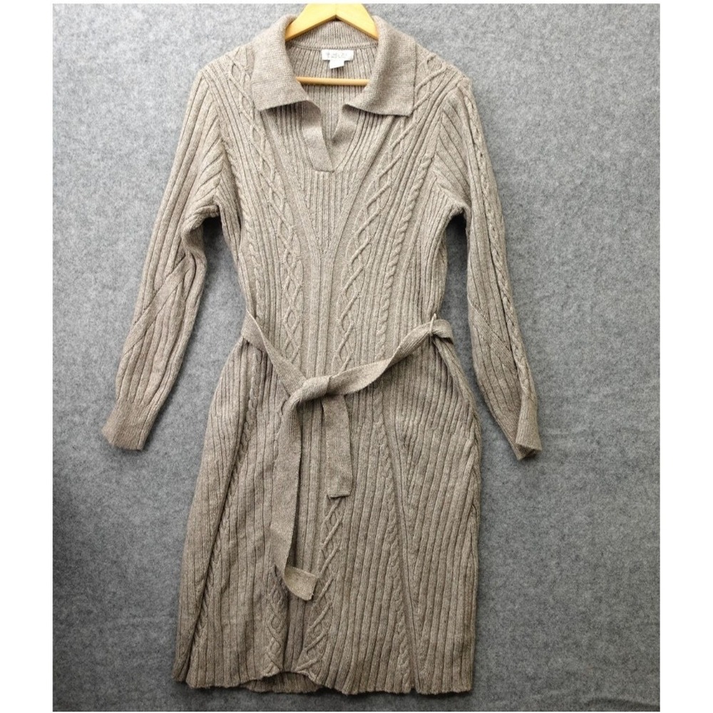 Cable Knit Sweater Dress Womens XL Gray Belted Midi Chunky Split Neck RACHEL ZOE